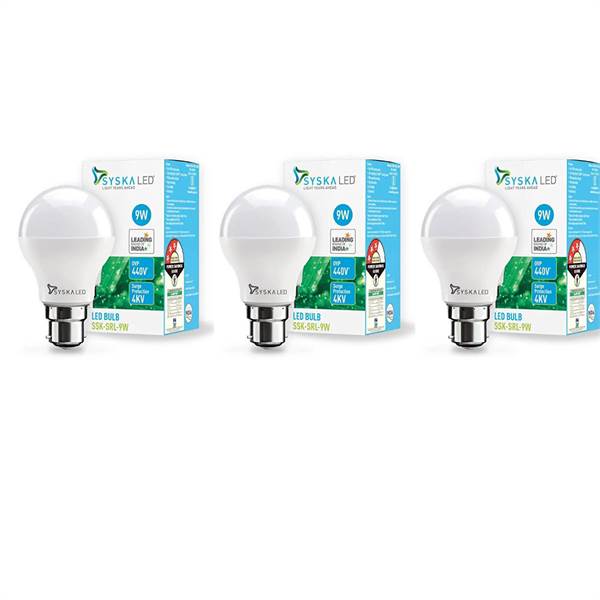SYSKA 9W B22 LED Cool Day Light Bulb, Pack of 3 (Cool White)